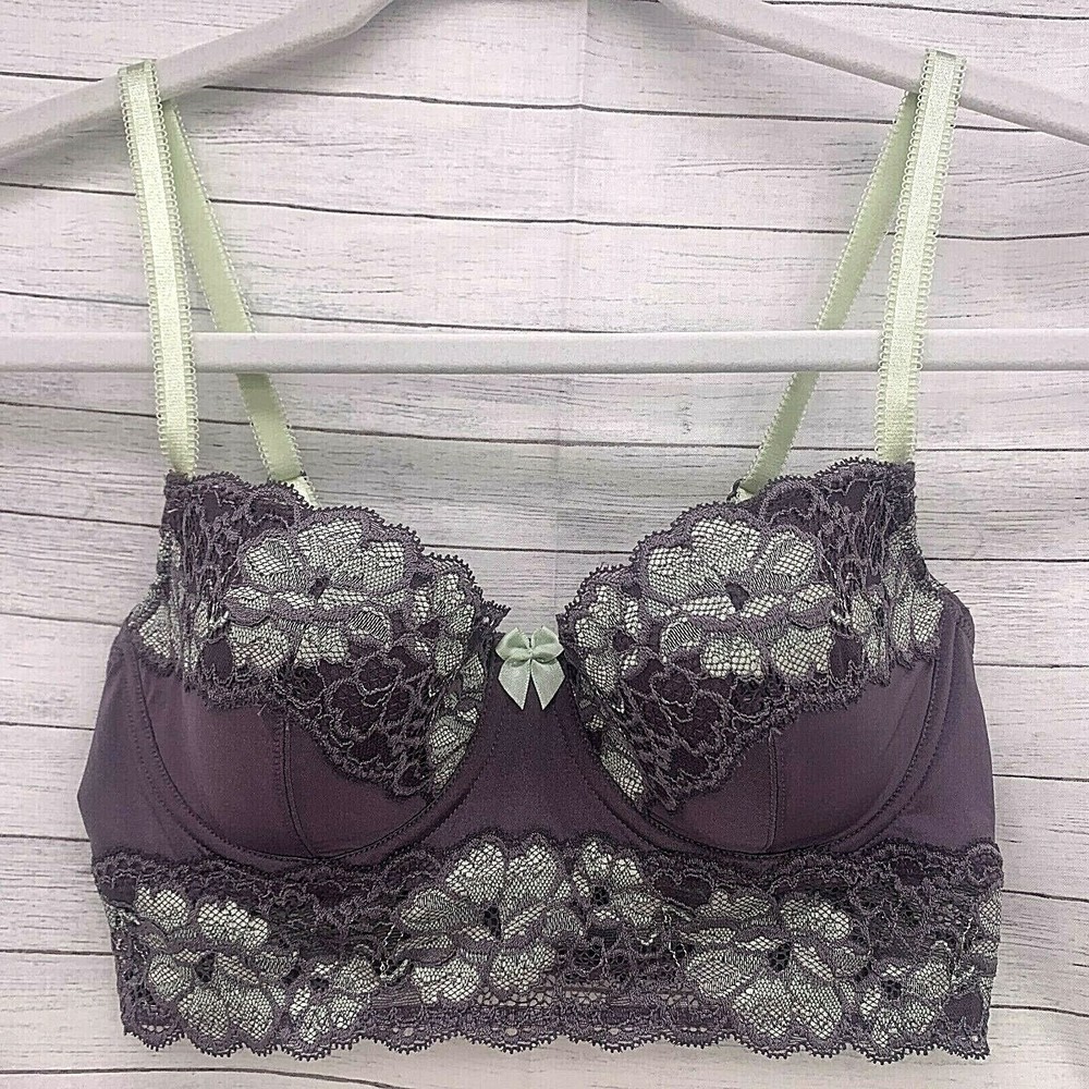 Adore Me Womens Bustier Bra Size 32C Purple Lace Padded Underwire